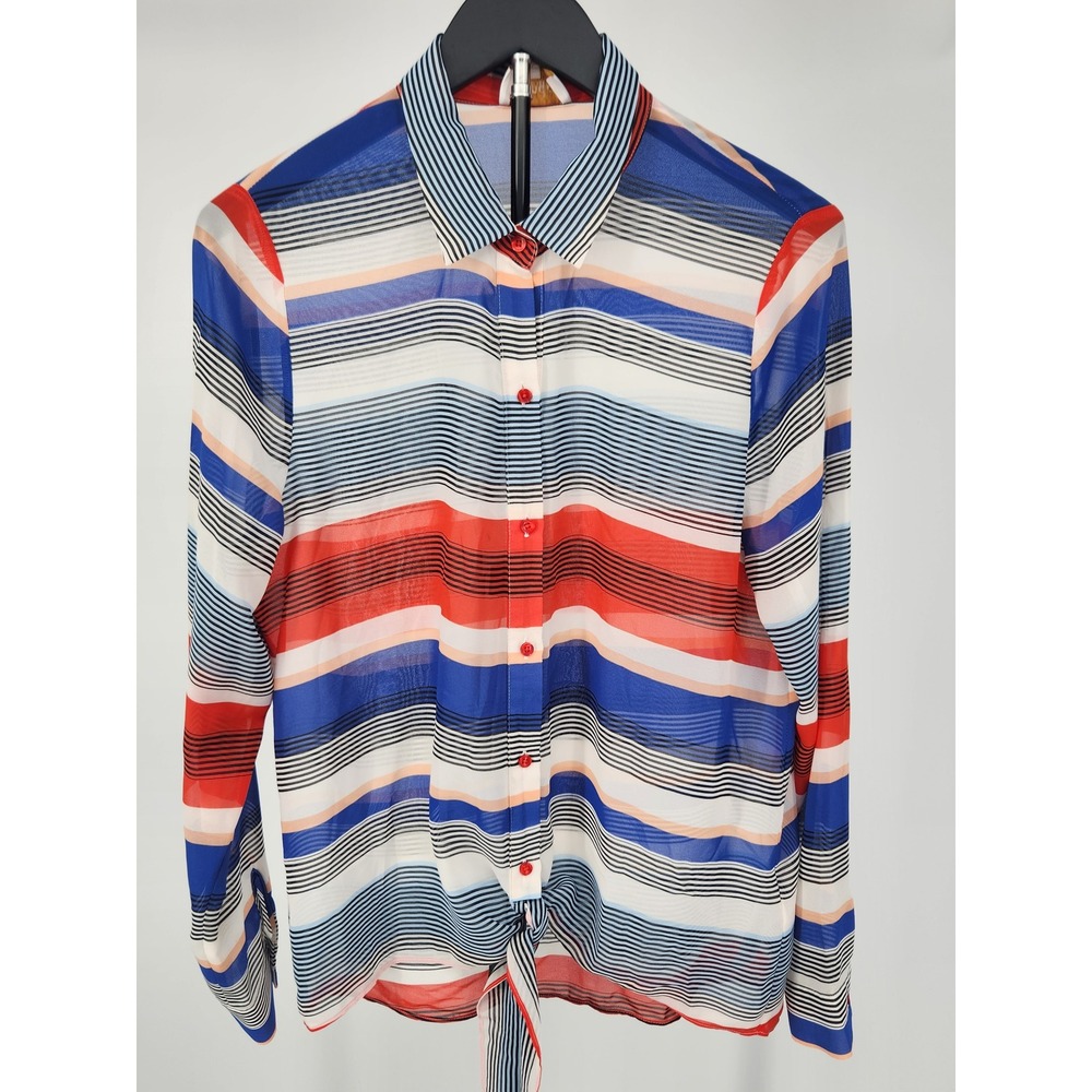 Laundry by Shelli Segal Striped Tie Front Button Down Shirt Red Blue Large